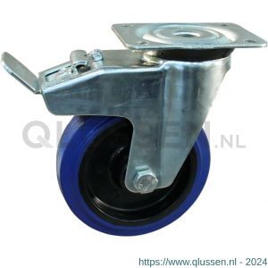 Protempo serie 13-91 zwenk transportwiel plaatbevestiging dubbele rem naloop stalen gaffel zwarte PA velg blauwe elastische rubberen band ± 70 shore A 100 mm rollager 213.102.916.500