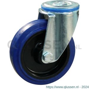 Protempo serie 13-12 zwenk transportwiel boutgat stalen gaffel zwarte PA velg blauwe elastische rubberen band ± 70 shore A 125 mm rollager 213.122.120.000