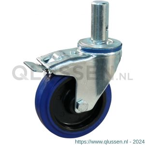 Protempo serie 13-12 zwenk transportwiel pen dubbele rem naloop stalen gaffel zwarte PA velg blauwe elastische rubberen band ± 70 shore A 125 mm rollager 213.122.125.527