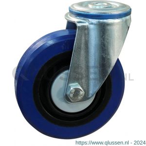 Protempo serie 13-12 zwenk transportwiel boutgat stalen gaffel zwarte PA velg blauwe elastische rubberen band ± 70 shore A 125 mm kogellager 213.126.120.000