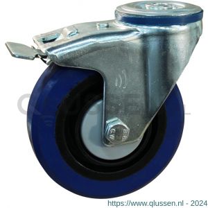 Protempo serie 13-12 zwenk transportwiel boutgat dubbele rem naloop stalen gaffel zwarte PA velg blauwe elastische rubberen band ± 70 shore A 125 mm kogellager 213.126.120.500