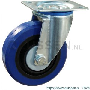 Protempo serie 13-12 zwenk transportwiel plaatbevestiging stalen gaffel zwarte PA velg blauwe elastische rubberen band ± 70 shore A 125 mm kogellager 213.126.126.000