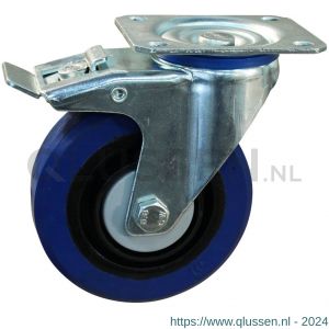 Protempo serie 13-12 zwenk transportwiel plaatbevestiging dubbele rem naloop stalen gaffel zwarte PA velg blauwe elastische rubberen band ± 70 shore A 125 mm kogellager 213.126.126.500