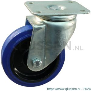 Protempo serie 13-19 zwenk transportwiel plaatbevestiging stalen gaffel zwarte PA velg blauwe elastische rubberen band ± 70 shore A 125 mm kogellager 213.126.196.000