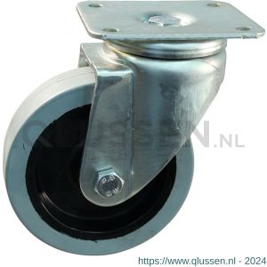 Protempo serie 14-19 zwenk transportwiel plaatbevestiging stalen gaffel zwarte PA velg grijze elastische rubberen band ± 65 shore A 80 mm rollager 214.082.196.000