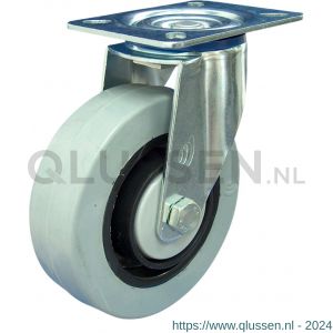 Protempo serie 14-12 zwenk transportwiel plaatbevestiging stalen gaffel zwarte PA velg grijze elastische rubberen band ± 65 shore A 80 mm kogellager 214.086.126.000