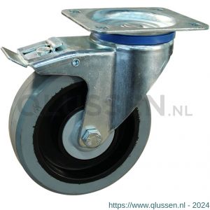 Protempo serie 14-12 zwenk transportwiel plaatbevestiging dubbele rem naloop stalen gaffel zwarte PA velg grijze elastische rubberen band ± 65 shore A 80 mm kogellager 214.086.126.500