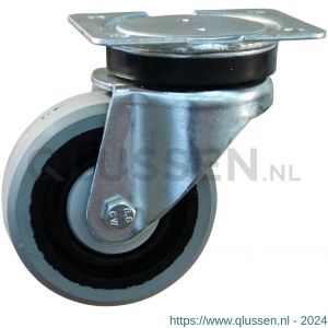 Protempo serie 14-14 zwenk transportwiel plaatbevestiging stalen gaffel zwarte PA velg grijze elastische rubberen band ± 65 shore A 80 mm kogellager 214.086.146.000