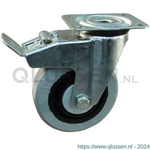 Protempo serie 14-91 zwenk transportwiel plaatbevestiging dubbele rem naloop stalen gaffel zwarte PA velg grijze elastische rubberen band ± 65 shore A 80 mm kogellager 214.086.916.500