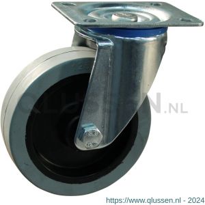 Protempo serie 14-12 zwenk transportwiel plaatbevestiging stalen gaffel zwarte PA velg grijze elastische rubberen band ± 65 shore A 100 mm rollager 214.102.126.000