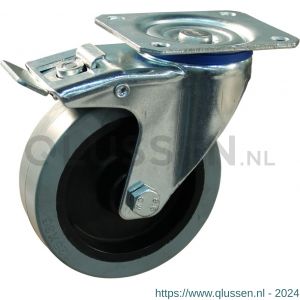 Protempo serie 14-12 zwenk transportwiel plaatbevestiging dubbele rem naloop stalen gaffel zwarte PA velg grijze elastische rubberen band ± 65 shore A 100 mm rollager 214.102.126.500