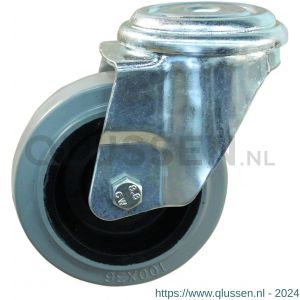 Protempo serie 14-91 zwenk transportwiel boutgat stalen gaffel zwarte PA velg grijze elastische rubberen band ± 65 shore A 100 mm rollager 214.102.910.000