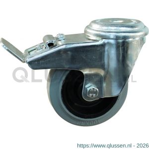 Protempo serie 14-91 zwenk transportwiel boutgat dubbele rem naloop stalen gaffel zwarte PA velg grijze elastische rubberen band ± 65 shore A 100 mm rollager 214.102.910.500