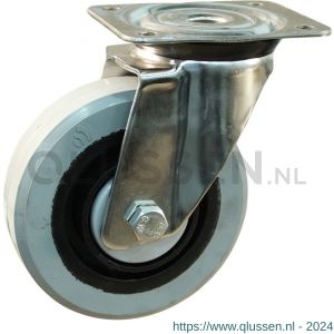 Protempo serie 14-31 zwenk transportwiel plaatbevestiging RVS gaffel zwarte PA velg grijze elastische rubberen band ± 65 shore A 100 mm kogellager 214.106.316.000