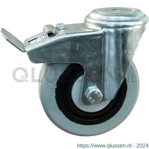 Protempo serie 14-91 zwenk transportwiel boutgat dubbele rem naloop stalen gaffel zwarte PA velg grijze elastische rubberen band ± 65 shore A 100 mm kogellager 214.106.910.500