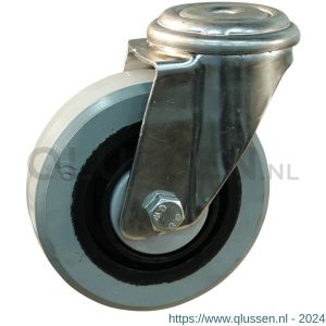 Protempo serie 14-31 zwenk transportwiel boutgat RVS gaffel zwarte PA velg grijze elastische rubberen band ± 65 shore A 100 mm kogellager RVS 214.108.310.000