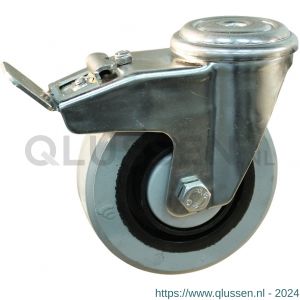 Protempo serie 14-31 zwenk transportwiel boutgat dubbele rem naloop RVS gaffel zwarte PA velg grijze elastische rubberen band ± 65 shore A 100 mm kogellager RVS 214.108.310.500