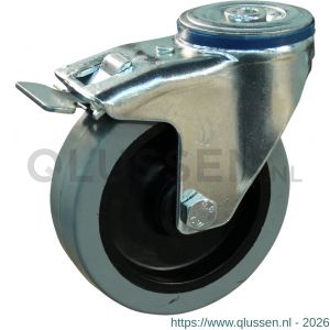 Protempo serie 14-12 zwenk transportwiel boutgat dubbele rem naloop stalen gaffel zwarte PA velg grijze elastische rubberen band ± 65 shore A 125 mm rollager 214.122.120.500