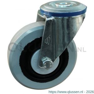Protempo serie 14-10 zwenk transportwiel boutgat stalen gaffel zwarte PA velg grijze elastische rubberen band ± 65 shore A 125 mm kogellager 214.126.100.000