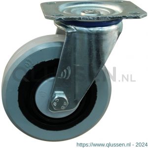 Protempo serie 14-10 zwenk transportwiel plaatbevestiging stalen gaffel zwarte PA velg grijze elastische rubberen band ± 65 shore A 125 mm kogellager 214.126.106.000