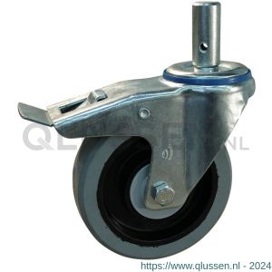 Protempo serie 14-12 zwenk transportwiel pen dubbele rem naloop stalen gaffel zwarte PA velg grijze elastische rubberen band ± 65 shore A 125 mm kogellager 214.126.125.527