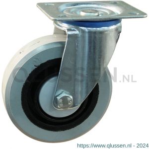 Protempo serie 14-12 zwenk transportwiel plaatbevestiging stalen gaffel zwarte PA velg grijze elastische rubberen band ± 65 shore A 125 mm kogellager 214.126.126.000