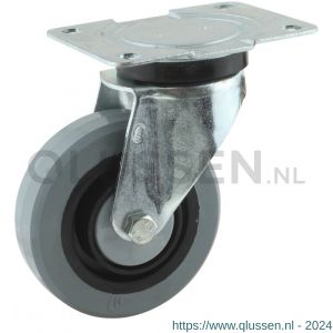 Protempo serie 14-14 zwenk transportwiel plaatbevestiging stalen gaffel zwarte PA velg grijze elastische rubberen band ± 65 shore A 125 mm kogellager 214.126.146.000