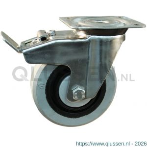 Protempo serie 14-31 zwenk transportwiel plaatbevestiging dubbele rem naloop RVS gaffel zwarte PA velg grijze elastische rubberen band ± 65 shore A 125 mm kogellager RVS 214.128.316.500