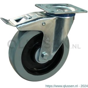 Protempo serie 14-12 zwenk transportwiel plaatbevestiging dubbele rem naloop en stalen gaffel zwarte PA velg grijze elastische rubberen band ± 65 shore A 160 mm kogellager 214.166.126.500