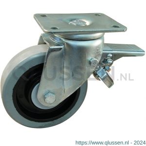 Protempo serie 14-19 zwenk transportwiel plaatbevestiging dubbele rem voorloop en stalen gaffel zwarte PA velg grijze elastische rubberen band ± 65 shore A 160 mm kogellager 214.166.196.300