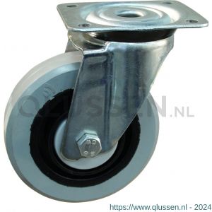 Protempo serie 14-91 zwenk transportwiel plaatbevestiging stalen gaffel wiel zwarte PA velg grijze elastische rubberen band ± 65 shore A 160 mm kogellager 214.166.916.000