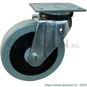 Protempo serie 14-14 zwenk transportwiel plaatbevestiging stalen gaffel zwarte PA velg grijze elastische rubberen band ± 65 shore A 200 mm kogellager 214.206.146.100