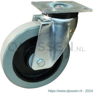 Protempo serie 14-19 zwenk transportwiel plaatbevestiging stalen gaffel zwarte PA velg grijze elastische rubberen band ± 65 shore A 200 mm kogellager 214.206.196.000