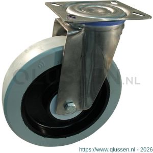 Protempo serie 14-30 zwenk transportwiel met plaatbevestiging met RVS gaffel met zwarte PA velg grijze elastische rubberen band ± 65 shore A 200 mm kogellager 214.206.306.000