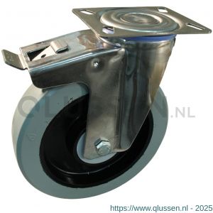 Protempo serie 14-30 zwenk transportwiel plaatbevestiging dubbele rem naloop RVS gaffel zwarte PA velg grijze elastische rubberen band ± 65 shore A 200 mm kogellager 214.206.306.500