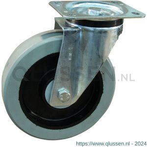 Protempo serie 14-91 zwenk transportwiel plaatbevestiging stalen gaffel zwarte PA velg grijze elastische rubberen band ± 65 shore A 200 mm kogellager 214.206.916.000