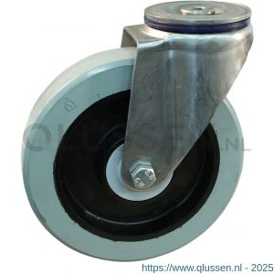 Protempo serie 14-31 zwenk transportwiel boutgat RVS gaffel zwarte PA velg grijze elastische rubberen band ± 65 shore A 200 mm kogellager RVS 214.208.310.000