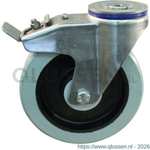 Protempo serie 14-31 zwenk transportwiel boutgat dubbele rem naloop RVS gaffel zwarte PA velg grijze elastische rubberen band ± 65 shore A 200 mm kogellager RVS 214.208.310.500