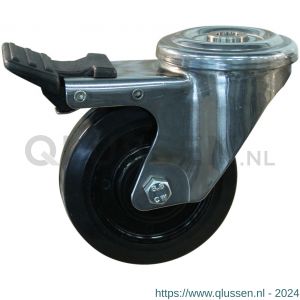 Protempo serie 16-29 zwenk transportwiel boutgat dubbele rem naloop RVS gaffel hittebestendig Ditherm velg zwarte elastische rubberen band geremd 100 mm glijlager 216.101.290.500