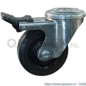 Protempo serie 16-29 zwenk transportwiel boutgat dubbele rem naloop RVS gaffel hittebestendig Ditherm velg zwarte elastische rubberen band geremd 100 mm kogellager 216.106.290.500