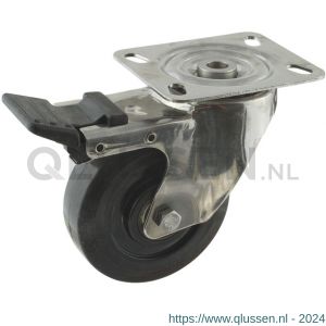 Protempo serie 16-29 zwenk transportwiel plaatbevestiging dubbele rem naloop RVS gaffel hittebestendig Ditherm velg zwarte elastische rubberen band geremd 100 mm kogellager 216.106.296.500