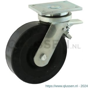 Protempo serie 18-22 zwenk transportwiel plaatbevestiging dubbele rem voorloop stalen velg zwarte elastische rubberen band ± 72 shore A 200 mm kogellager 218.206.226.380