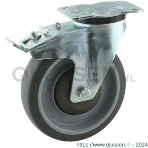 Protempo serie 19-91 zwenk transportwiel plaatbevestiging dubbele rem naloop stalen gaffel PP velg grijze TPE band 200 mm kogellager 219.206.916.550