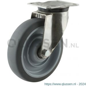 Protempo serie 19-31 zwenk transportwiel plaatbevestiging RVS gaffel PP velg grijze TPE band 200 mm kogellager RVS 219.208.316.050