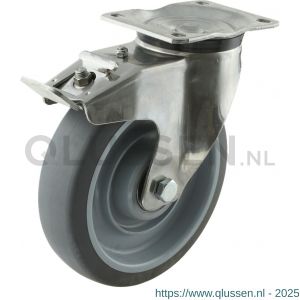 Protempo serie 19-31 zwenk transportwiel plaatbevestiging dubbele rem naloop RVS gaffel een PP velg grijze TPE band 200 mm kogellager RVS 219.208.316.550