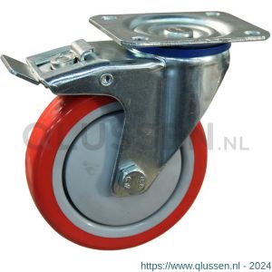 Protempo serie 21-12 zwenk transportwiel plaatbevestiging dubbele rem naloop stalen gaffel grijze PA velg rode TPU band 75 mm kogellager 221.076.126.532