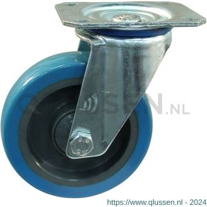 Protempo serie 21-10 zwenk transportwiel plaatbevestiging stalen gaffel grijze PA velg blauwe TPU band 100 mm rollager 221.102.106.035