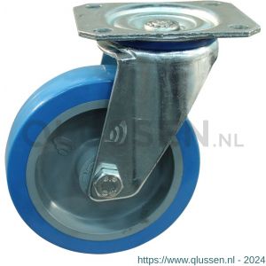 Protempo serie 21-10 zwenk transportwiel plaatbevestiging stalen gaffel grijze PA velg blauwe TPU band 125 mm rollager 221.122.106.008