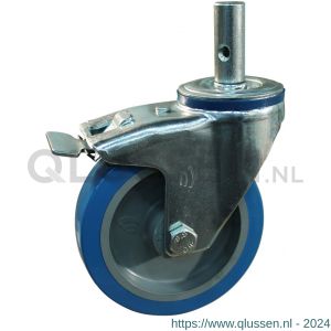 Protempo serie 21-12 zwenk transportwiel pen dubbele rem naloop stalen gaffel grijze PA velg blauwe TPU band 125 mm rollager 221.122.125.520