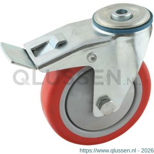 Protempo serie 21-12 zwenk transportwiel boutgat dubbele rem naloop stalen gaffel grijze PA velg rode TPU band 125 mm kogellager 221.126.120.532